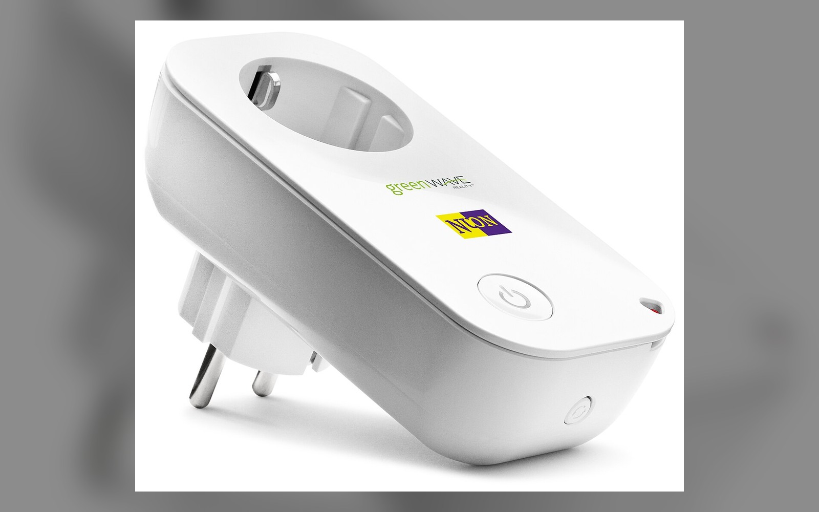 Compact white smart plug with a physical power button and pass-through outlet