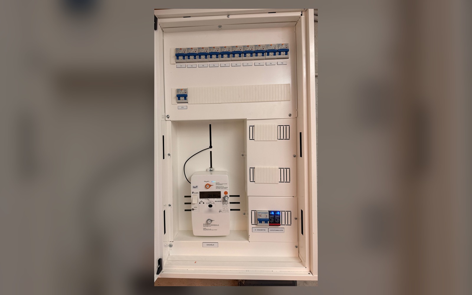 Modern household electrical cabinet with breakers and a smart electricity meter